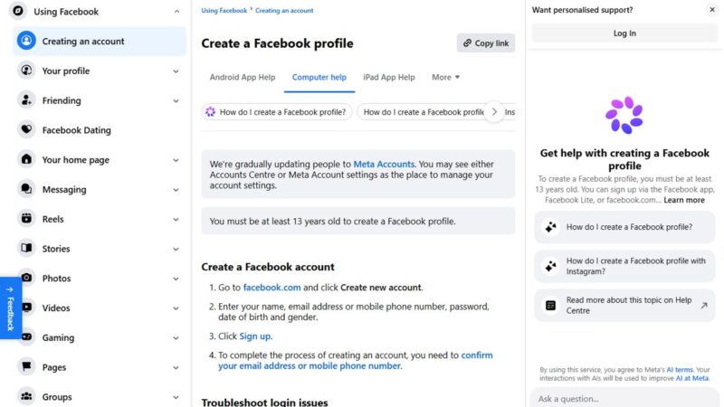 Facebook Help Centre page listing the steps to create a Facebook account
