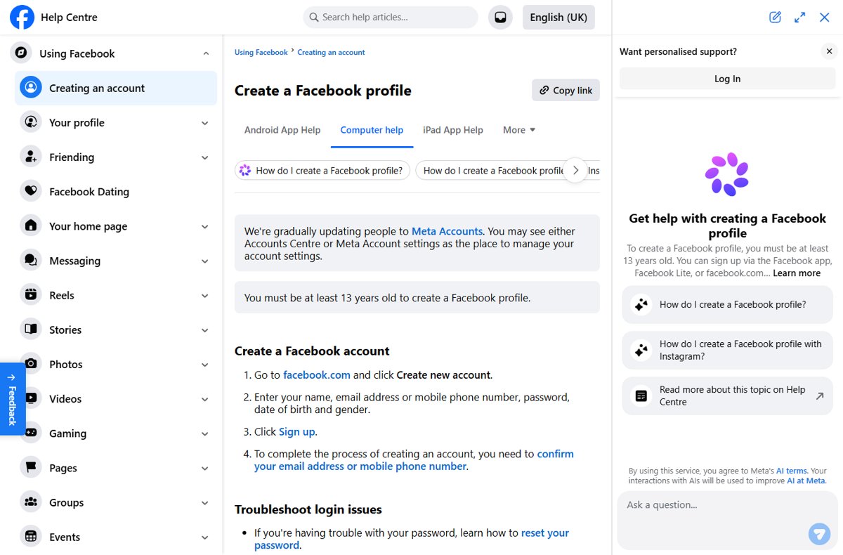 Facebook Help Centre page listing the steps to create a Facebook account