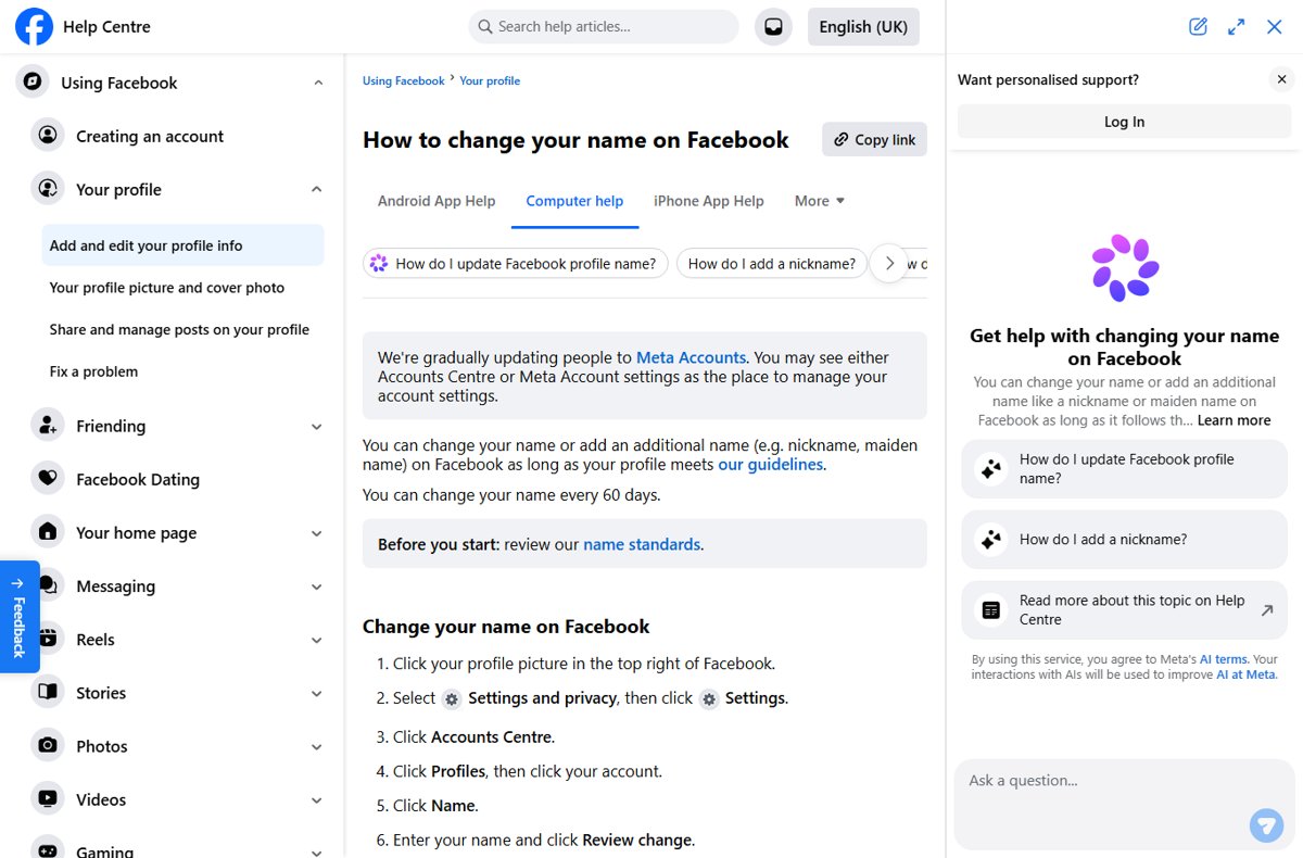 Facebook Help Centre steps for changing your name on a computer