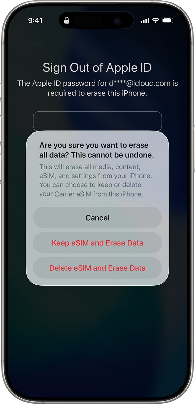 Factory reset a locked iPhone: erase all data prompt with eSIM choices