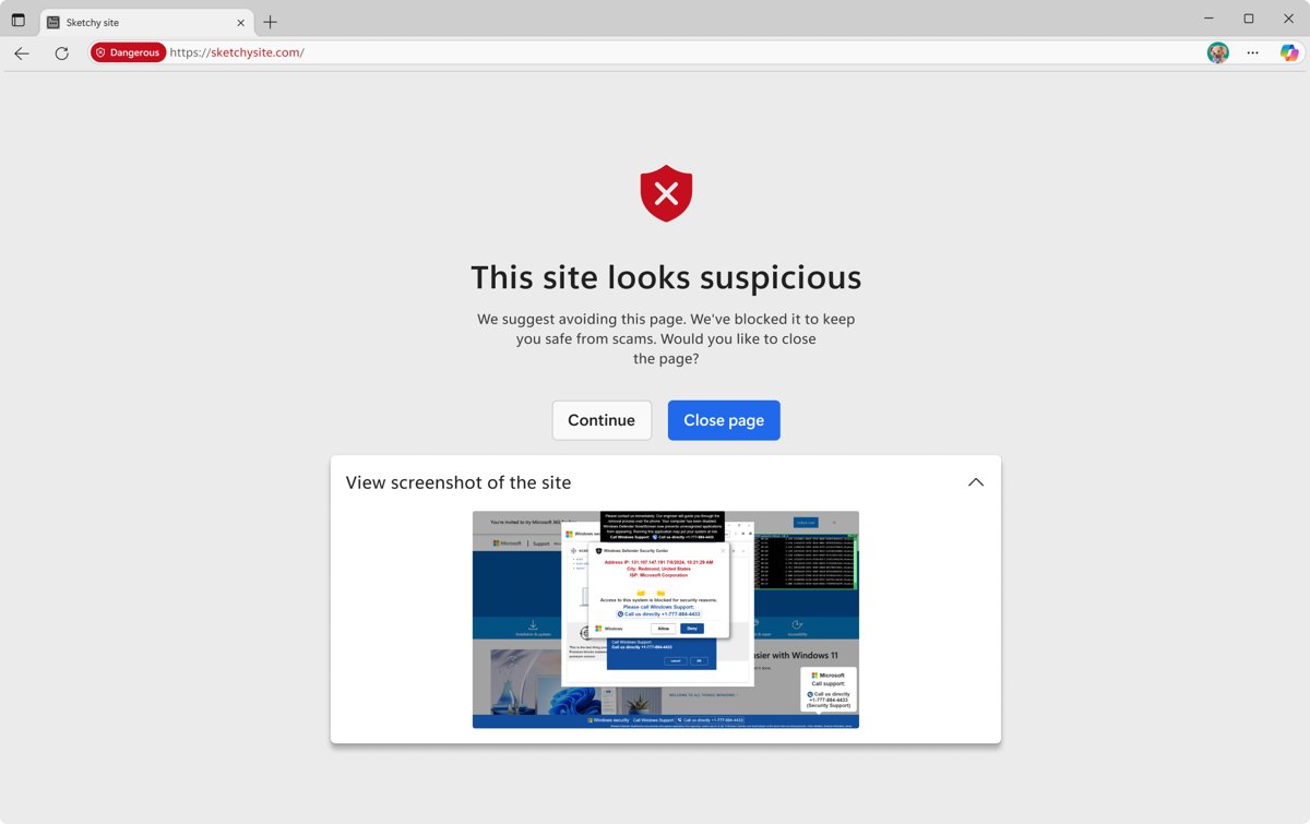 Fake McAfee virus pop-up page blocked by the Edge scareware blocker warning