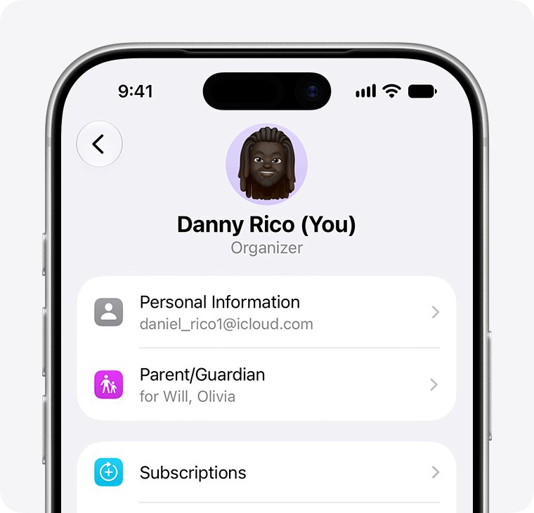 Family members with separate iCloud accounts in the Family Sharing organizer view