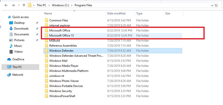 File Explorer Program Files folder with Microsoft Office and Microsoft Office 15 highlighted
