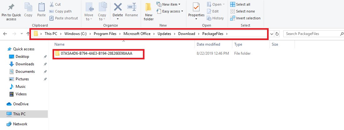 File Explorer open at Microsoft Office Updates Download PackageFiles