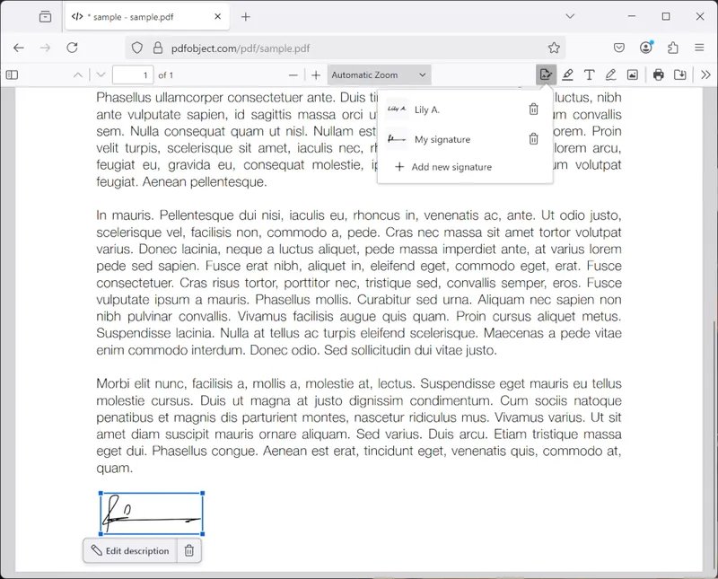 Fill and sign PDF forms in Firefox with the signature menu and saved signatures