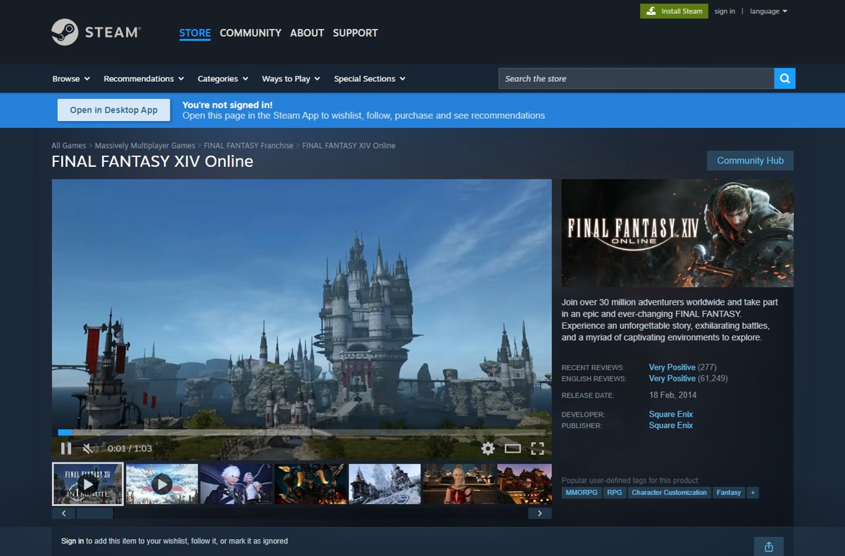 Final Fantasy XIV Online Steam page with castle artwork