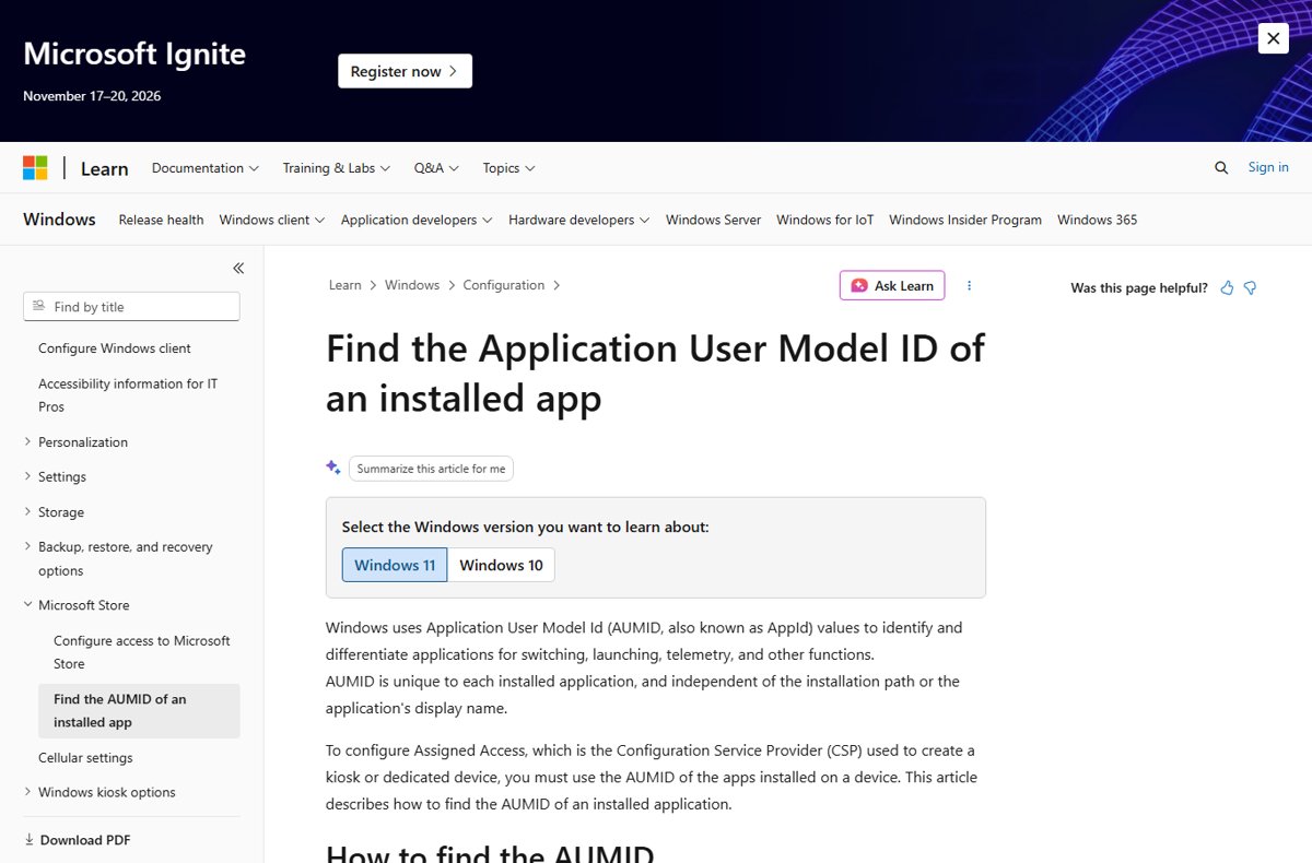 Find AUMID of an installed app in Microsoft's Windows 11 and Windows 10 documentation