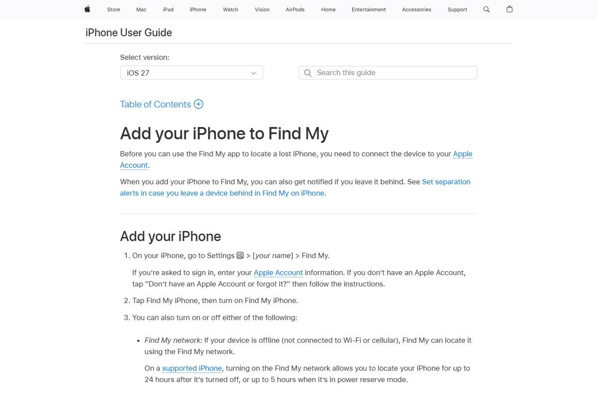 Find My iPhone last known location setup steps on Apple's Add your iPhone page