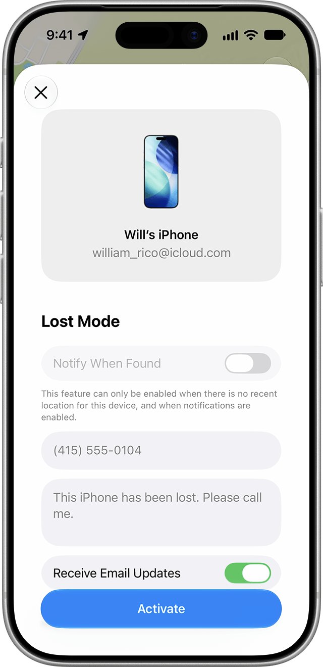Find My iPhone no location Lost Mode screen with phone number and message