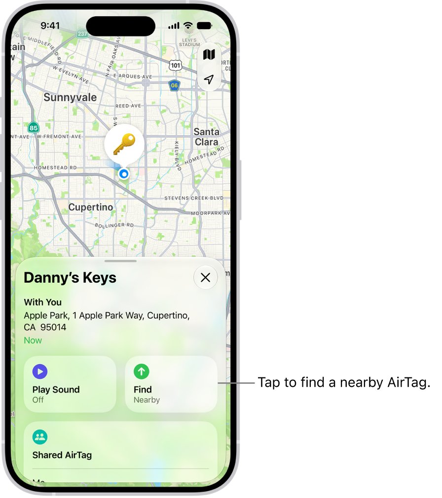 Find My item card for keys with Play Sound and Find Nearby buttons