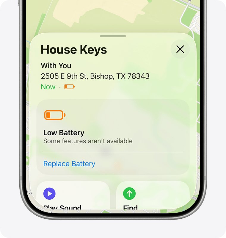 Find My item card showing a Low Battery warning and Replace Battery link