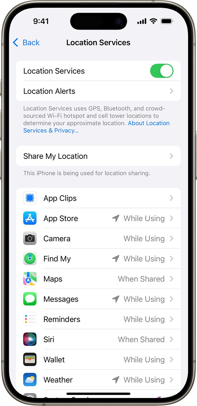 Find My location not working: Location Services list with Find My entry