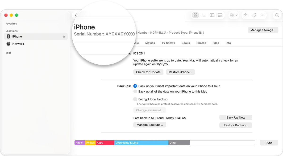 Find iPhone serial number without the phone in Finder on a Mac