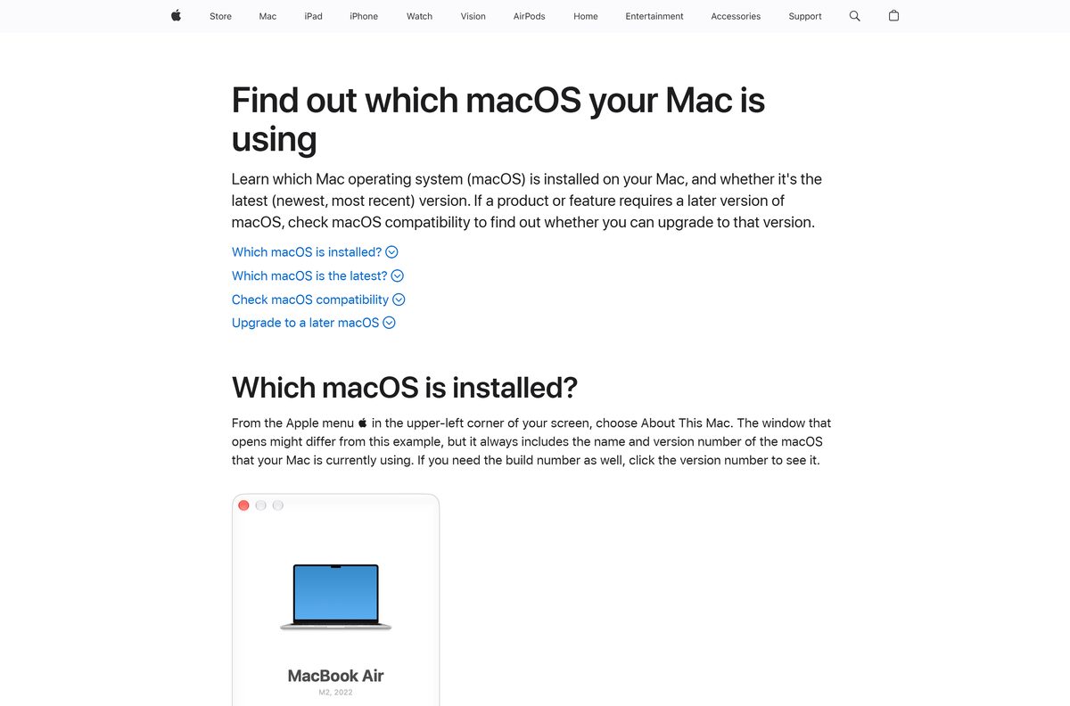Apple table listing each macOS release beside its latest version number