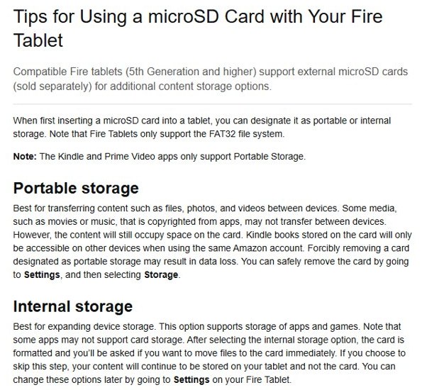 Fire tablet microSD card set up as internal storage for apps and games