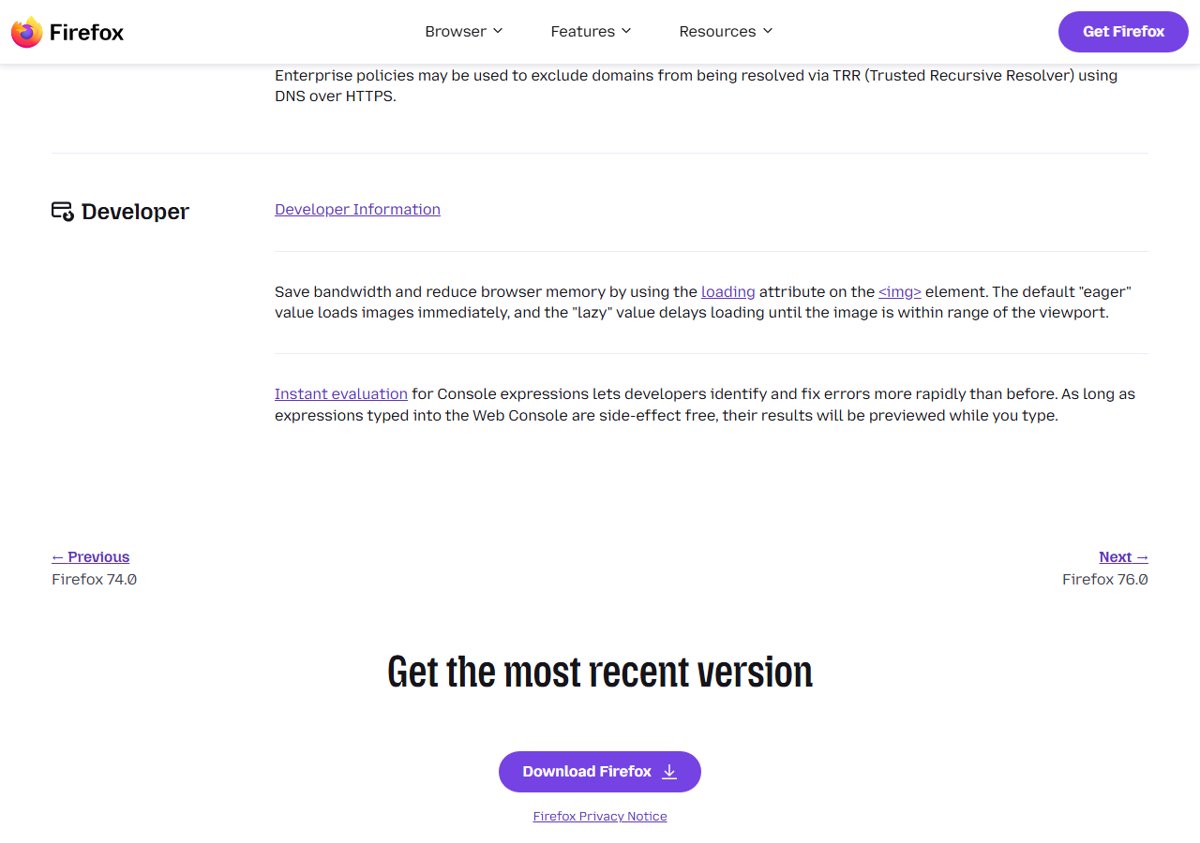 Firefox 75 lazy loading for images in the release notes developer section