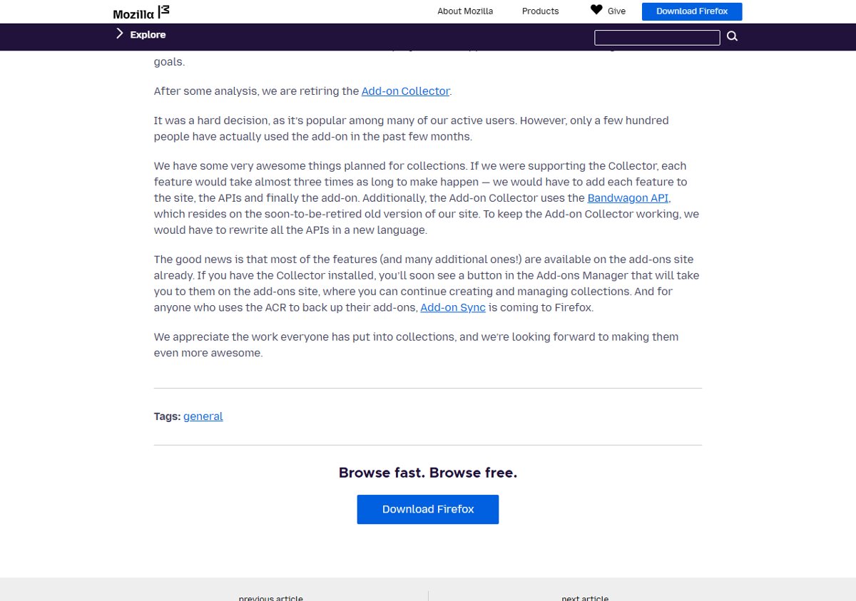Firefox Add-on Collector retirement announcement on Mozilla's add-ons blog