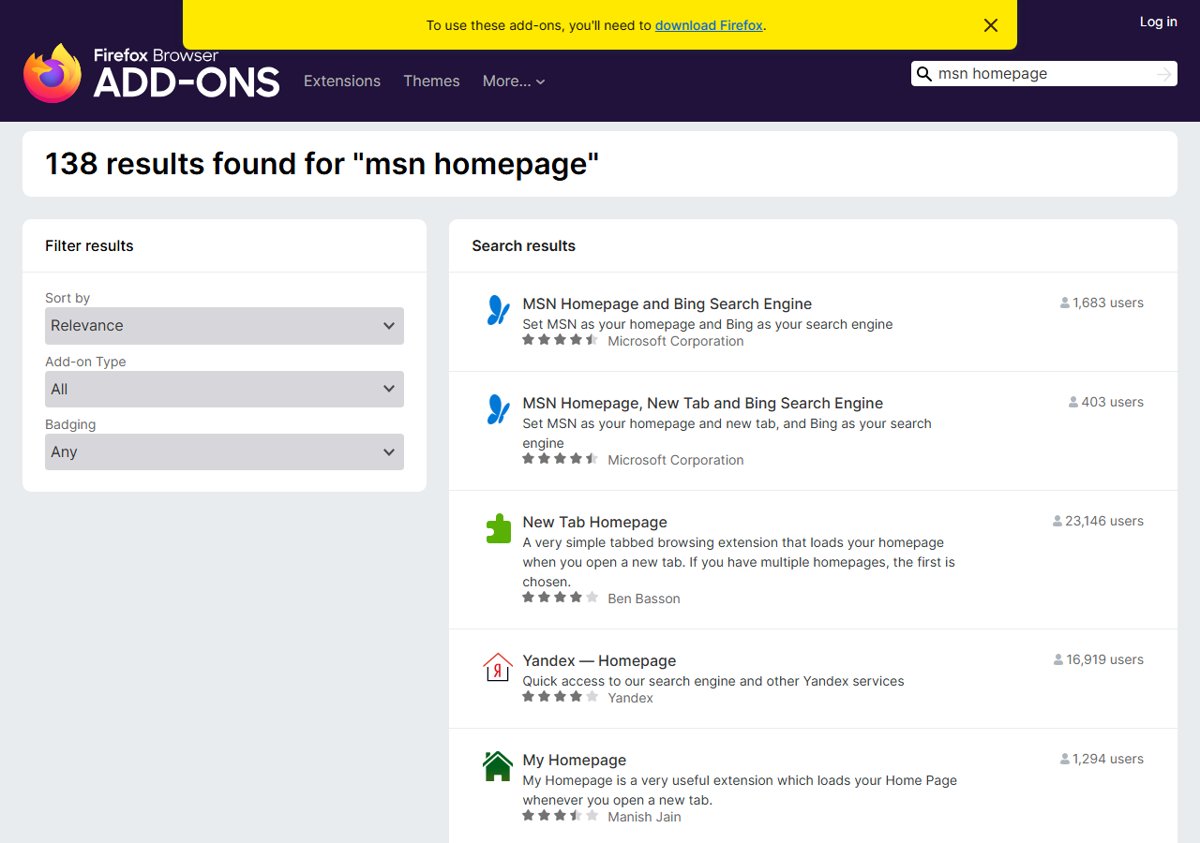 Firefox Add-ons results listing Microsoft's MSN homepage and Bing search engine extensions