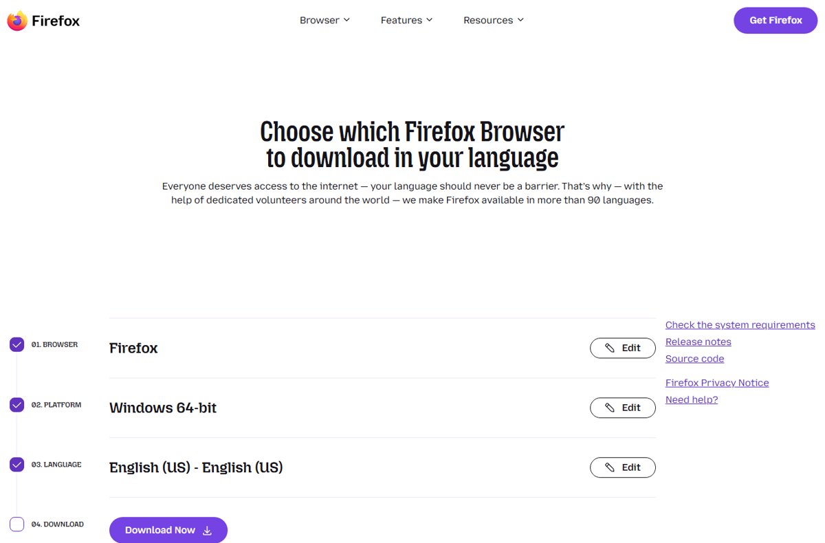 Firefox Custom Download Options page set to Windows 64-bit and English (US)