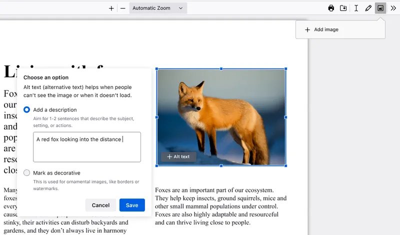 Open-source PDF editor Firefox adding an image with an alt text description