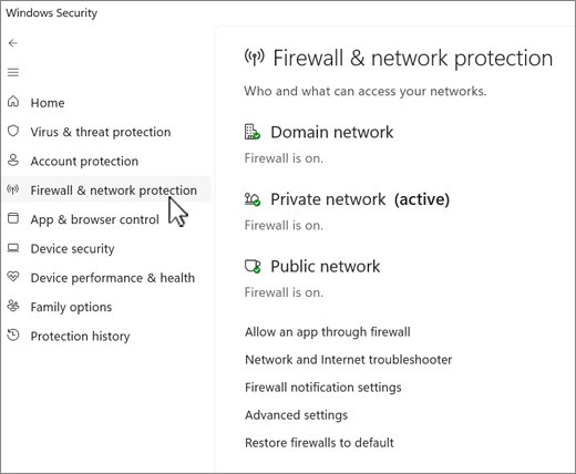 Firewall & network protection page listing domain, private and public networks