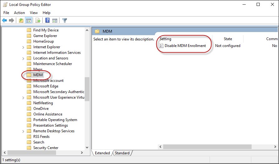 Fix MDM enrollment errors by checking the Disable MDM Enrollment Group Policy setting