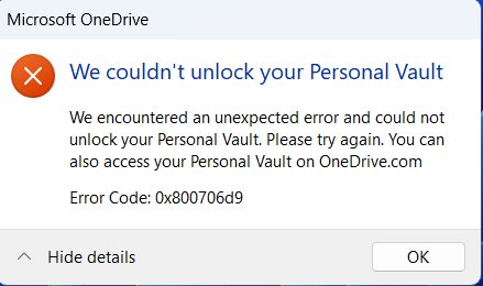 Fix OneDrive Personal Vault problems: the We couldn't unlock your Personal Vault error