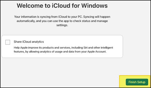 Fix iCloud for Windows 11 stuck at sign-in by selecting Finish Setup