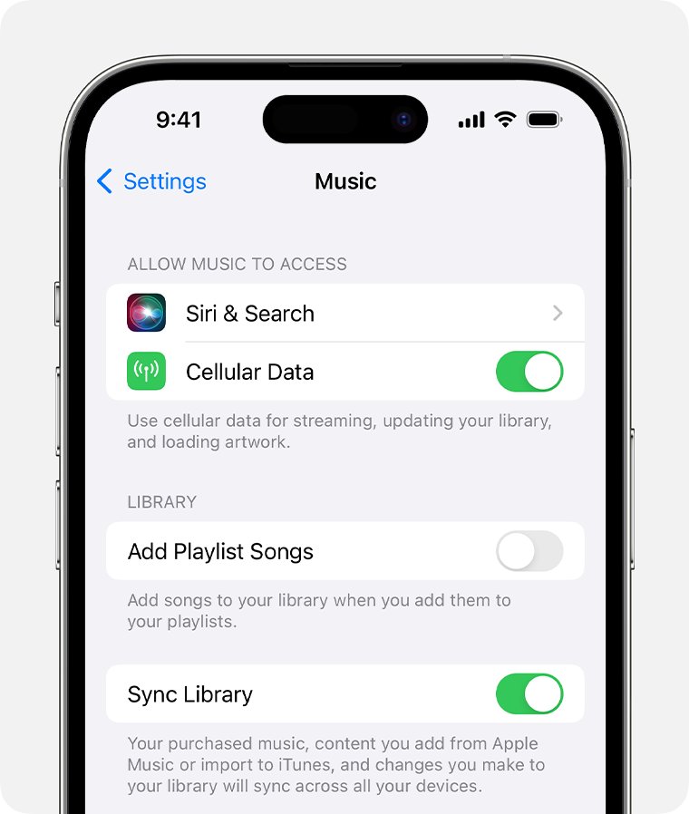 Fix missing songs after Sync Library by turning it on in iPhone Music settings