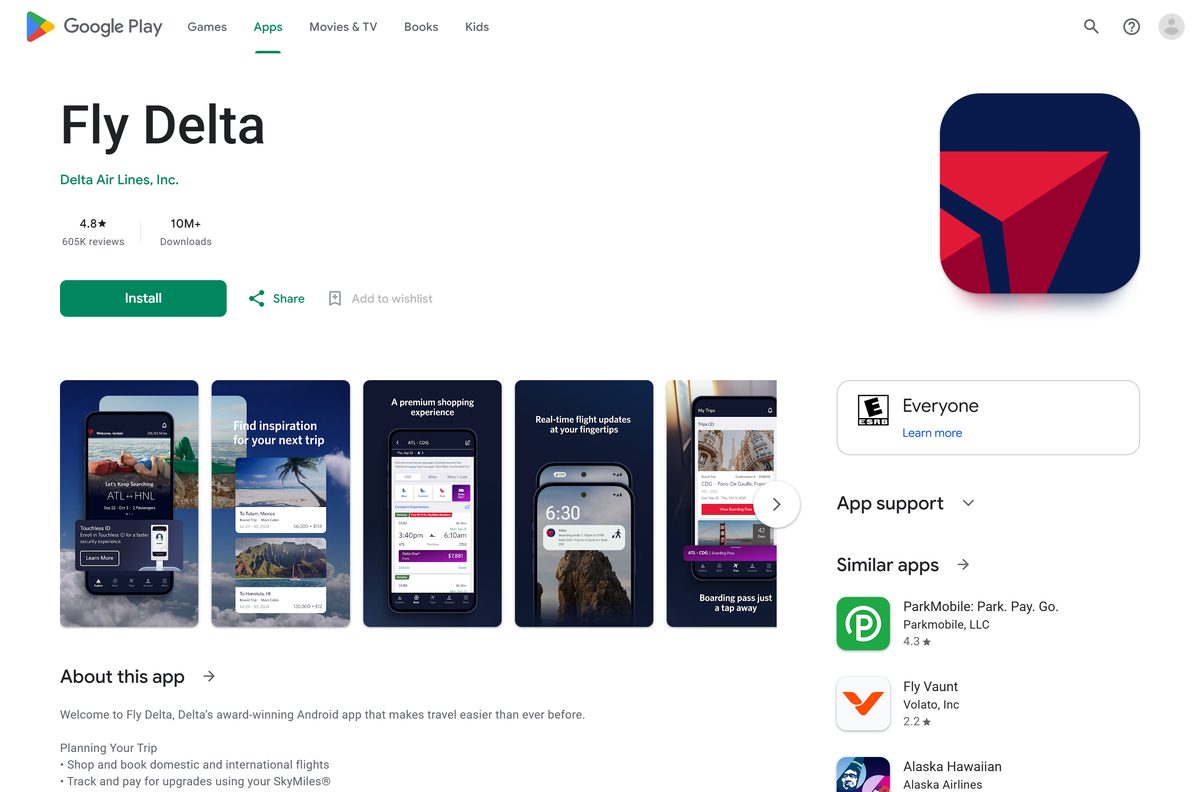 Google Play listing for Fly Delta with its rating and download count