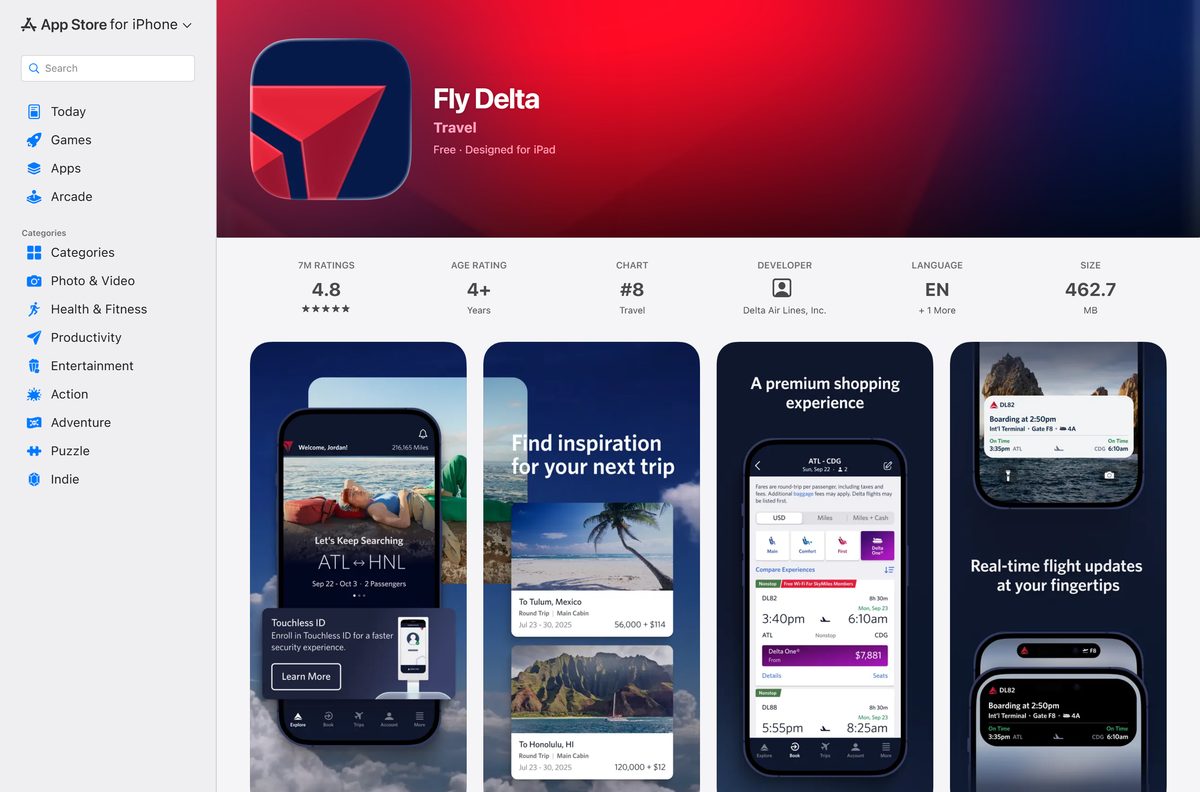 App Store listing for Fly Delta with its size and age rating