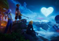 Fortnite characters on a cliff overlooking the island and Battle Bus