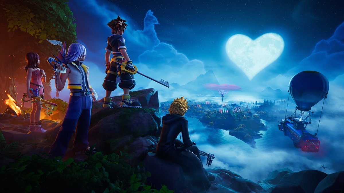 Fortnite characters on a cliff overlooking the island and Battle Bus