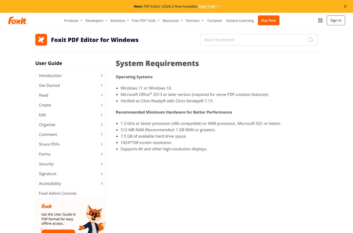 Foxit user guide page stating the Windows hardware minimums