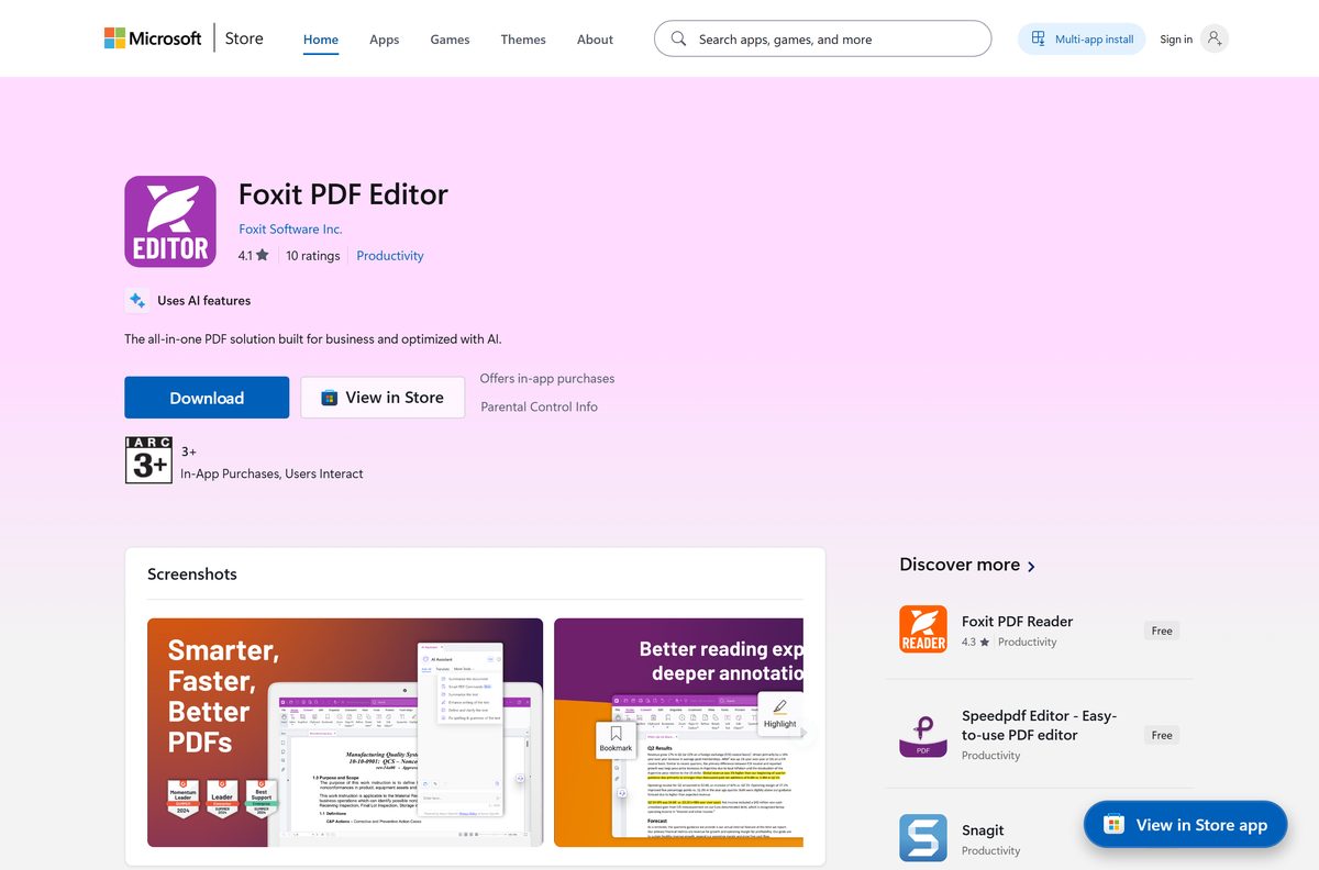 Microsoft Store listing for Foxit PDF Editor with its publisher line