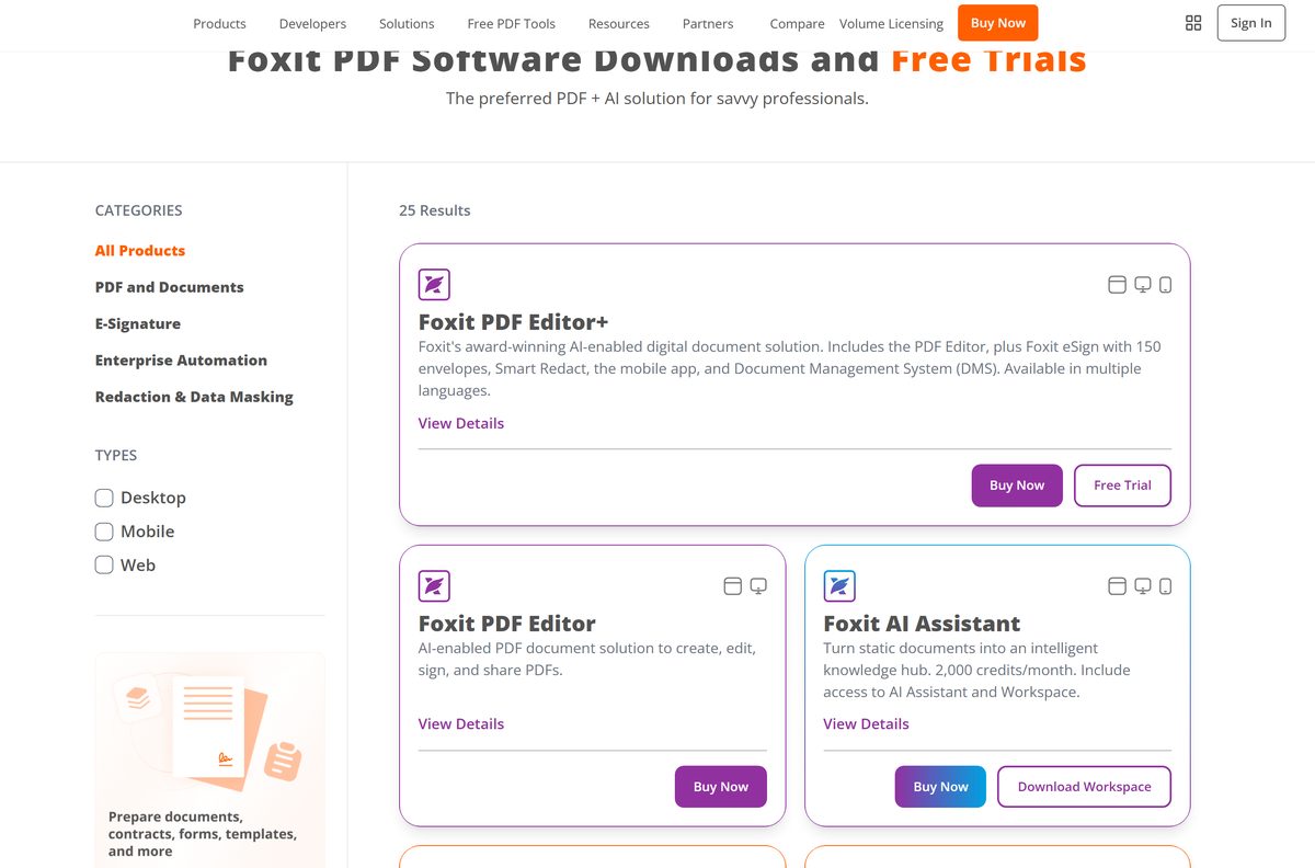 Foxit downloads page with the free trial button for the editor