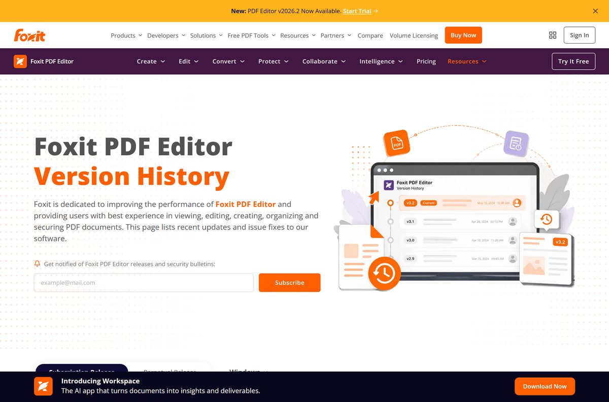 Foxit version history page with release notes and dates