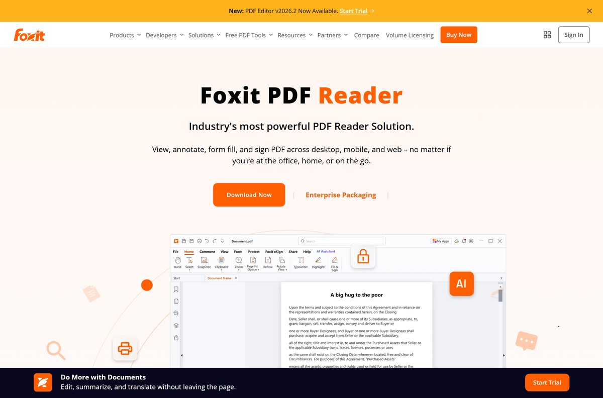 Foxit PDF Reader page describing the free viewer and its platforms