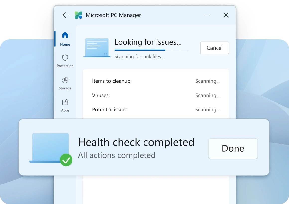 Free PC optimizer Microsoft PC Manager finishing a Health check scan