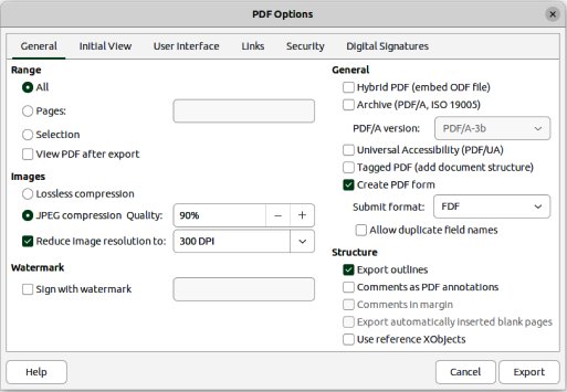 Free open source PDF editor LibreOffice Draw PDF Options export dialog