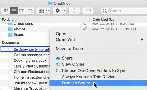 Free up space on OneDrive offline files from the Finder menu
