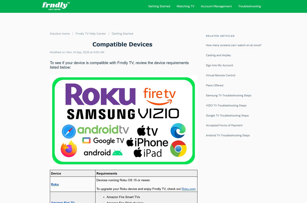 Frndly TV help page listing compatible devices and browsers