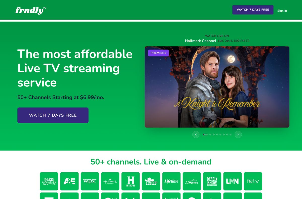 Frndly TV sign-up page offering a 7-day free trial
