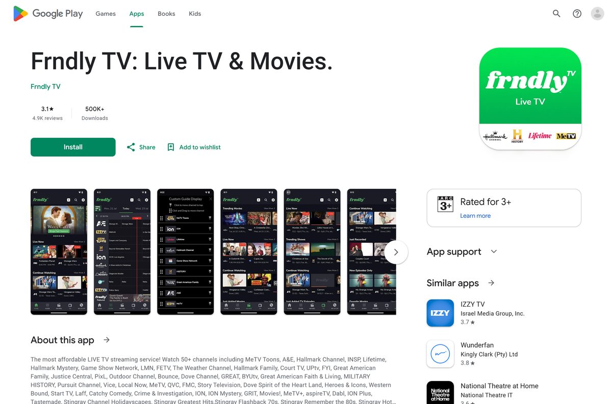 Google Play listing for Frndly TV on Android