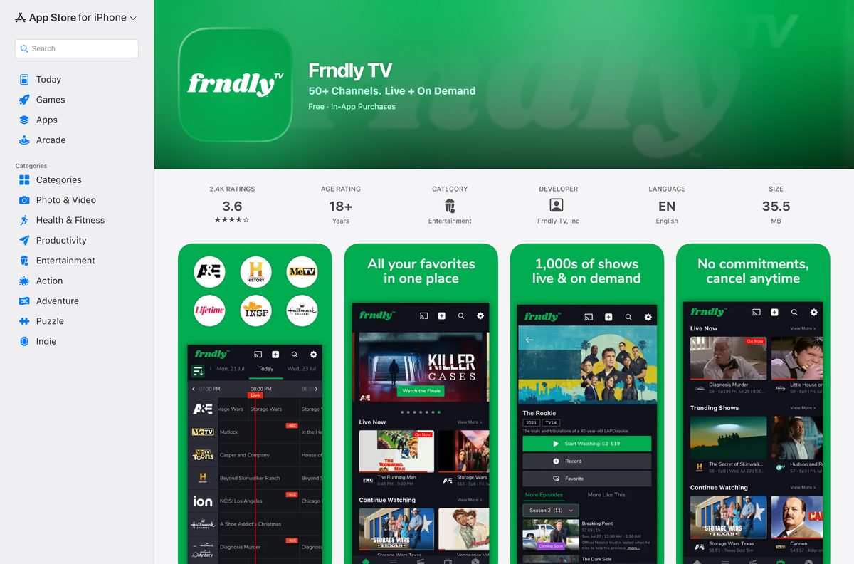 App Store page for Frndly TV showing size and ratings