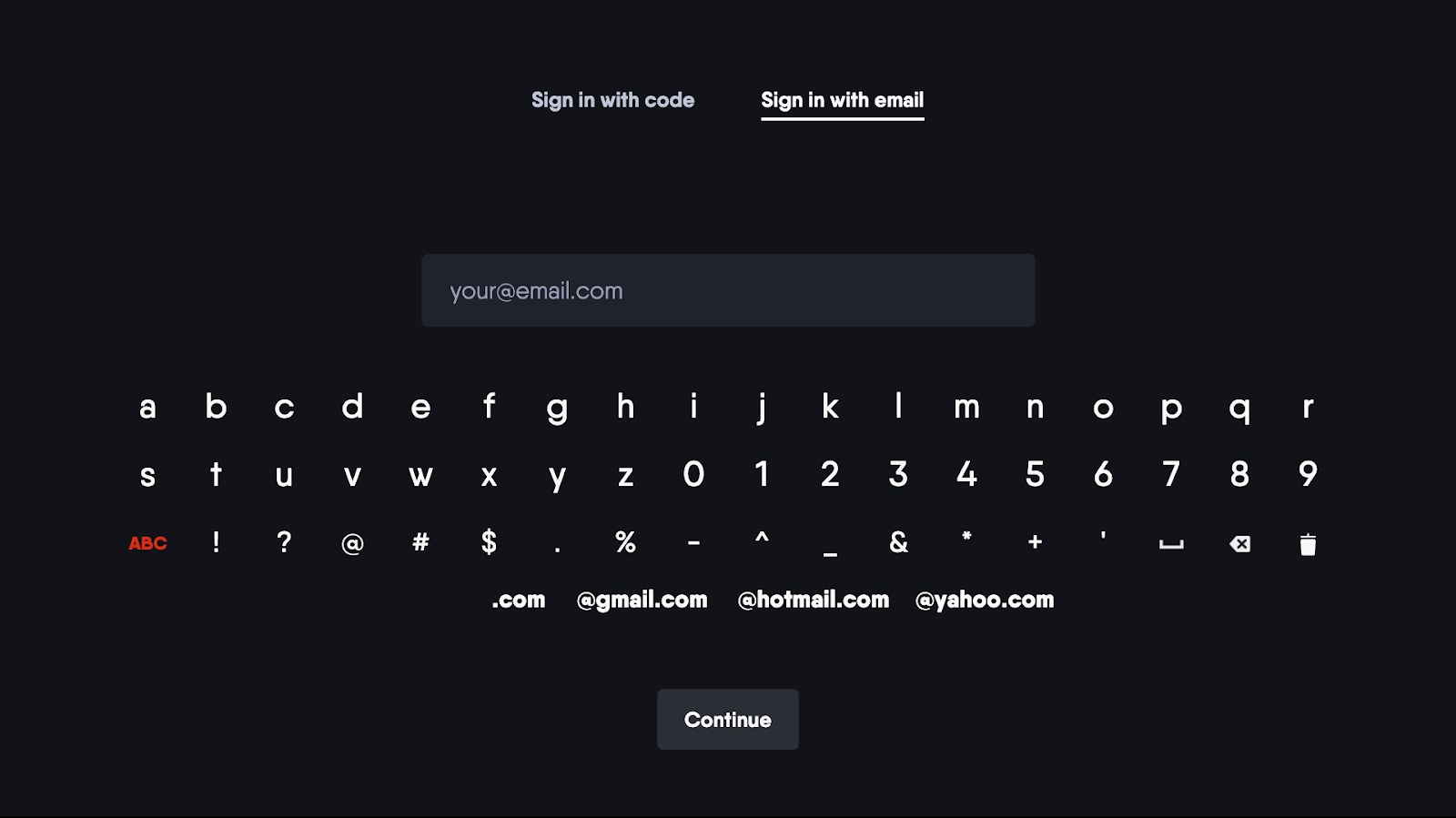 Fubo TV Sign in with email tab with on-screen keyboard