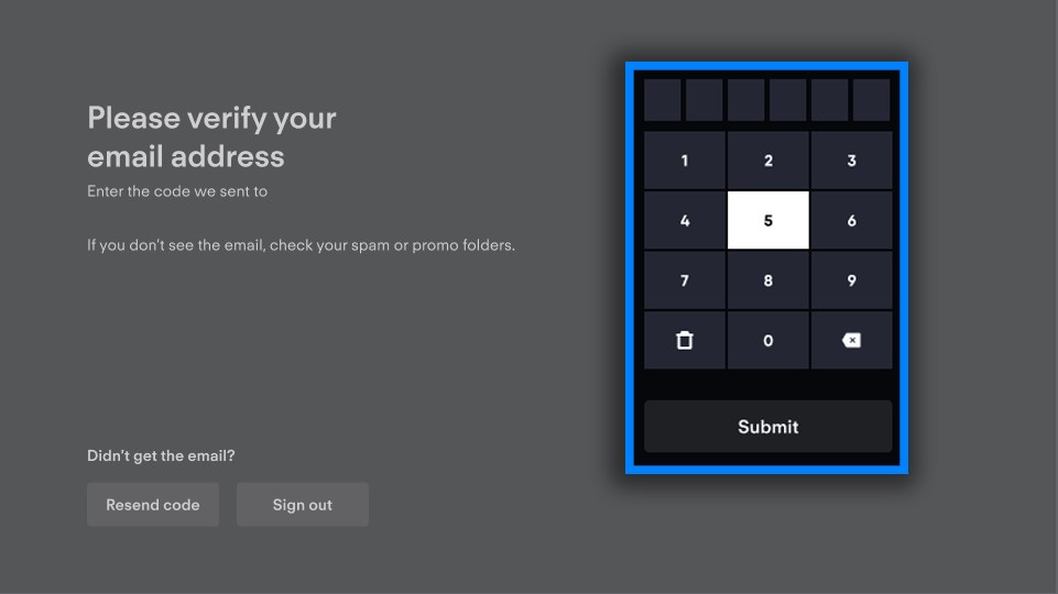Fubo TV email verification screen with number pad and Resend code