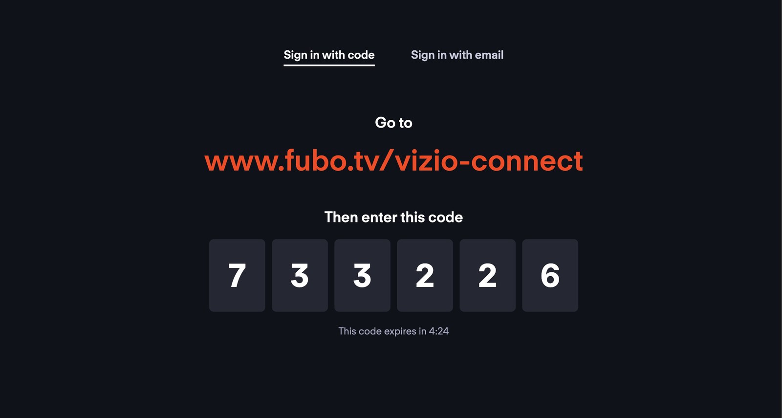 Fubo TV sign-in screen showing a connect web address and six-digit code