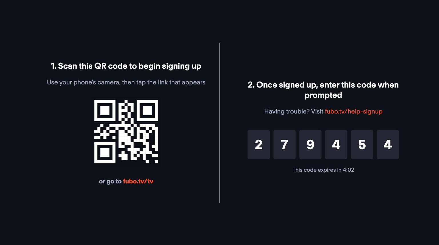Fubo TV sign-up screen with a QR code and activation code