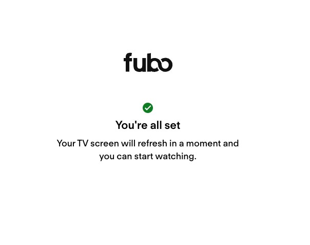 Fubo browser confirmation page reading You're all set